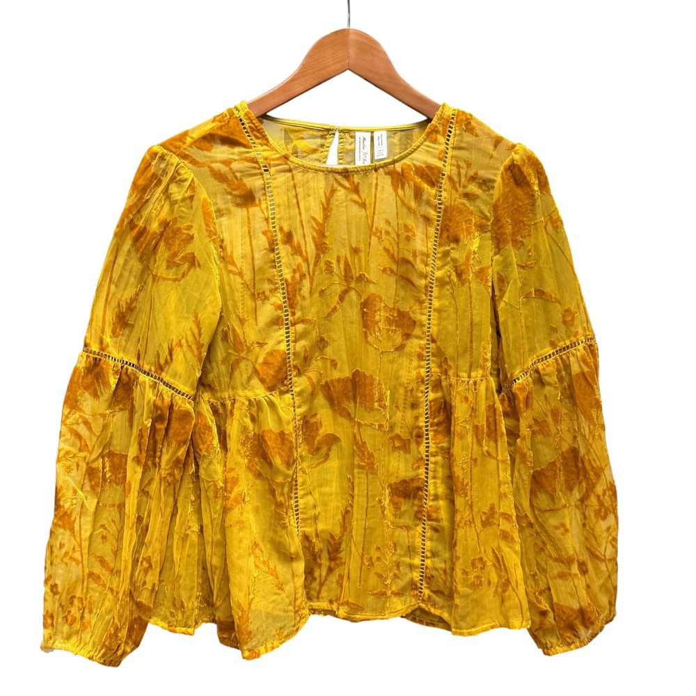 Meadow Rue Anthropologie Blouse 4 Yellow Burnout Velvet Boho Balloon Sleeve‎ Top